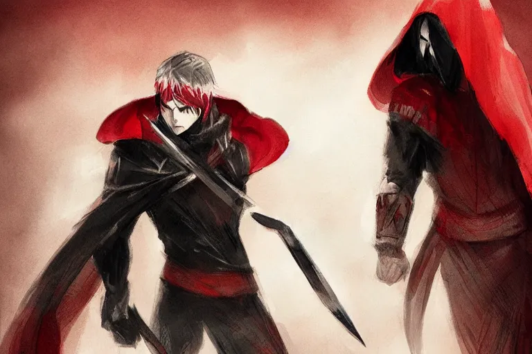 Image similar to a twin blade muscular swordsman, red and black cape and hoodie, scary, intimidating, worn out clothes, torn clothes, concept by James Paick