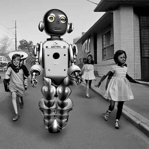 Prompt: in the style of 1960s, A scary robot is chasing after a bunch of scared kids down the street, fully detailed , fully detailed kids faces in focus