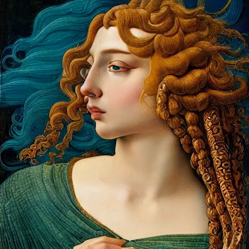 Image similar to intricate detail, hyper detail, drunk woman, very tired, wearing full body mans suite, hazel green eyes, teal eyebrows, with aqua neon rapunzel dreadlocks, detailed, by sandro botticelli, gaston bussiere, h. r. giger, masterpiece, sharp focus,