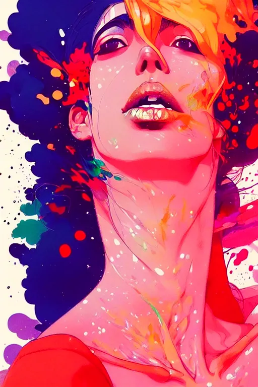 Image similar to a ultradetailed beautiful panting of a woman with a colorful explosion coming out of her neck, by conrad roset, greg rutkowski and makoto shinkai, trending on artstation