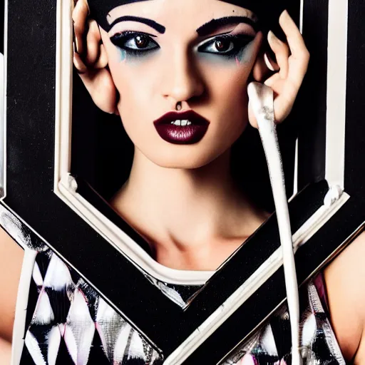 Image similar to close up of the face of a female fashion model in art-deco entrance hall, model wearing a geometric black dress, photography , official versace editorial , highly detailed