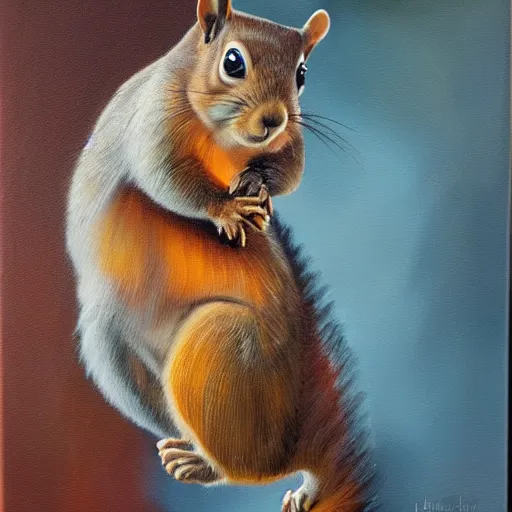 Prompt: oil painting of a muscular squirrel with bulging biceps, 8 k, high quality