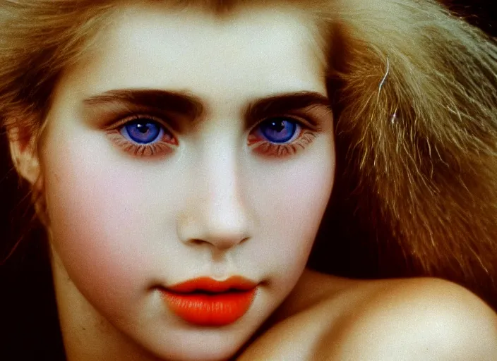 Image similar to realistic photo of a face of very beautiful girl face, symmetrical, skin is made of white fluffy hairs, eyes made of caviar, close up 1 9 9 0, life magazine reportage photo, natural colors