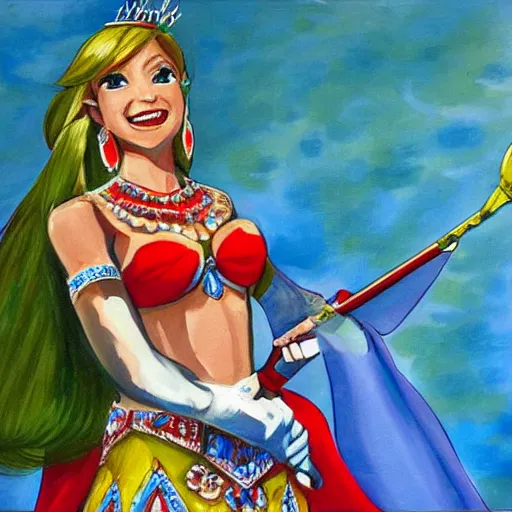 Image similar to Gerudo Link winning the Miss America Pageant. Oil painting, Nintendo, on stage, dynamic lighting.