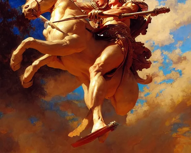 Image similar to attractive apollo greek god, riding his fire chariot. highly detailed painting by gaston bussiere, craig mullins, j. c. leyendecker 8 k