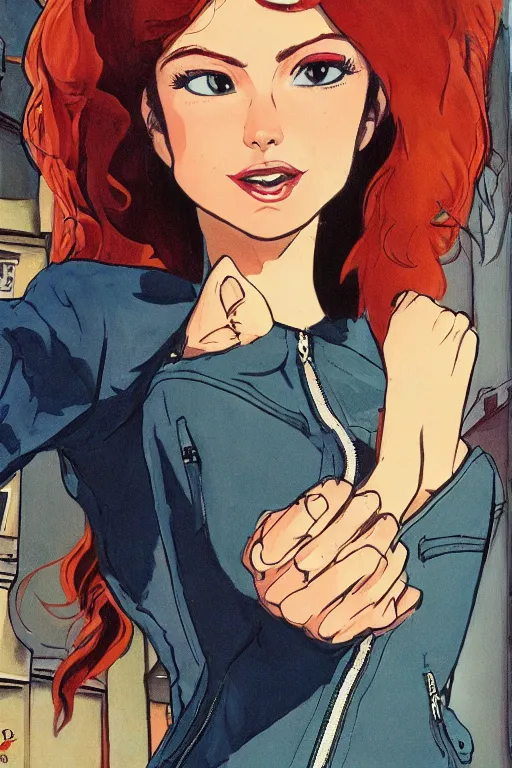 Image similar to portrait of an attractive young female protagonist, center focus, wearing leather jacket, in city street, detailed face, artwork by ralph bakshi