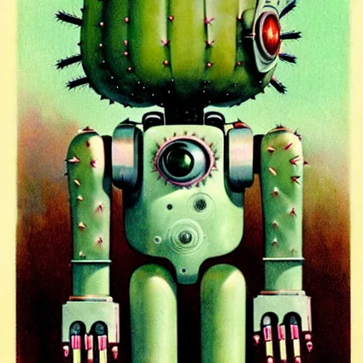 Image similar to 1950s retro cactus robot, Bionic Arms and eyes . muted colors. by Jean-Baptiste Monge