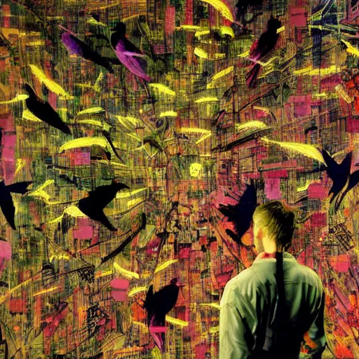 Prompt: a daydreaming hacker is surrounded by birds, neon virtual networks, and information visualization, oil on canvas by dave mckean and yoji shinkawa