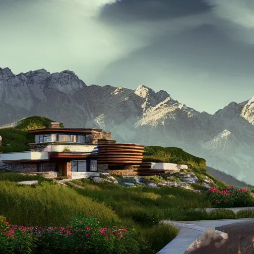 Image similar to alpine landscape with windy road and modern houses designed by frank lloyd wright scattered on the mountainsides, photo realism, dramatic lighting, high quality digital art, unreal engine, cinematic