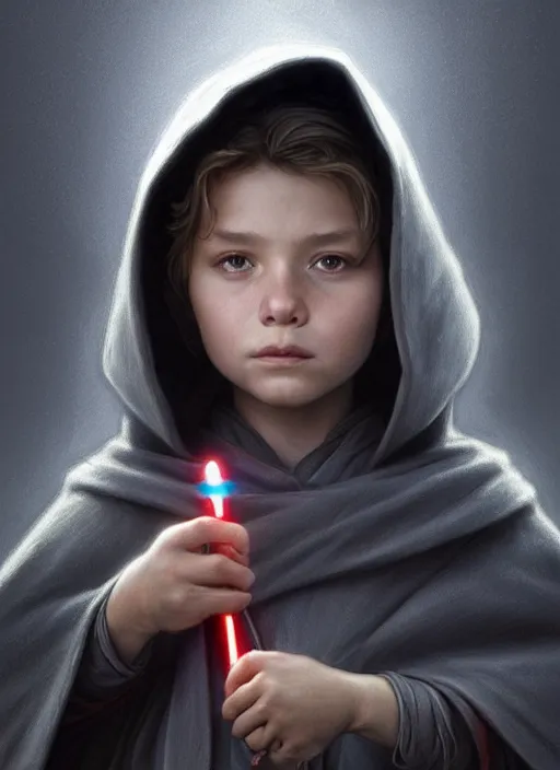 Image similar to perfectly - centered - portrait of a kid wearing grey cloak holding light saber, intricate, highly detailed, digital painting, artstation, concept art, smooth, sharp focus, illustration, unreal engine 5, 8 k, art by artgerm and greg rutkowski and alphonse mucha