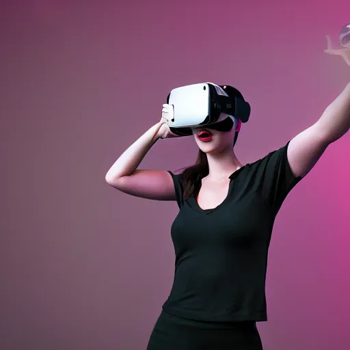 Image similar to female wearing virtual reality in a surreal environment