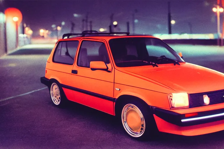 Prompt: stylized poser of a single 1985 Volkwagen GTI, thick neon lights, ektachrome photograph, volumetric lighting, f8 aperture, cinematic Eastman 5384 film