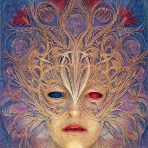 Prompt: masterpiece painting of a facemask made of flowers, by annie swynnerton and jean delville and tino rodriguez, flower mask, symbolist, dramatic lighting, god rays, elaborate geometric ornament, soft cool colors, smooth, sharp focus, extremely detailed