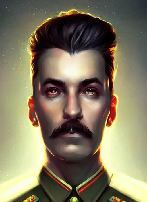 Image similar to « a portrait o cyberpunk joseph stalin, glowing eyes, a digital painting by charlie bowater, featured on cgsociety, fantasy art, behance hd, wiccan, artstation hd »