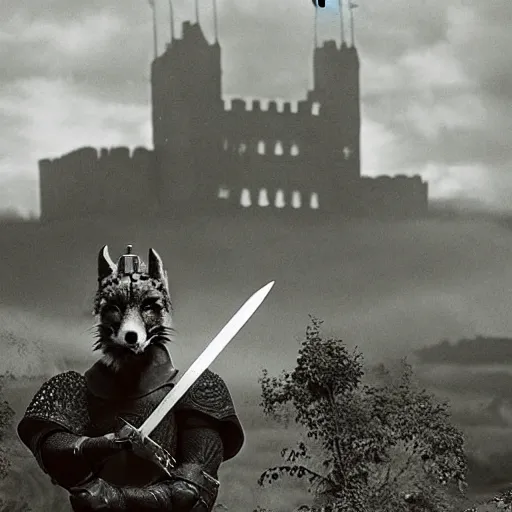 Image similar to anthropomorphic!!! fox!! who is a medieval knight holding a sword towards a stormy thundercloud 1 9 3 0 s film still, castle in the background