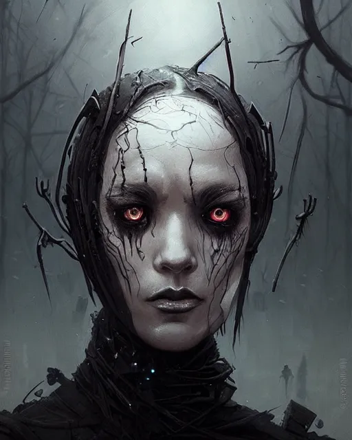 Image similar to professional ominous concept art portrait of a character with black ink makeup and black eyeballs by artgerm and greg rutkowski. an intricate, elegant, highly detailed digital painting, concept art, smooth, sharp focus, illustration, in the style of simon stalenhag, wayne barlowe, and igor kieryluk.