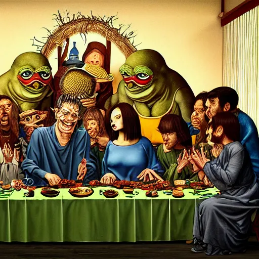 Image similar to pepe the frog eating at last supper with disciples, bitcoin and crypto graphs and charts in walls, cinematic horror by chris cunningham, junji ito, aleksandra waliszewska, richard corben, norman rockwell, highly detailed, vivid color, beksinski painting, part by adrian ghenie and gerhard richter. art by takato yamamoto. masterpiece