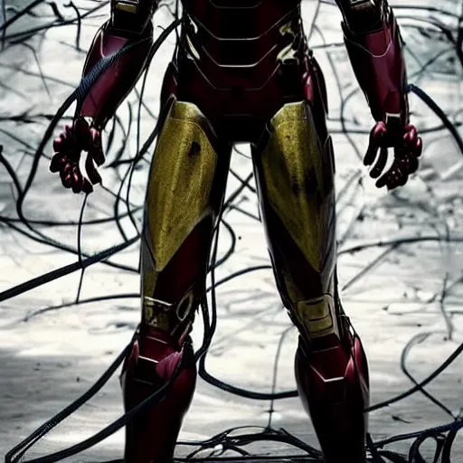 Prompt: abandoned iron man suit covered in vines, 4k realistic photo