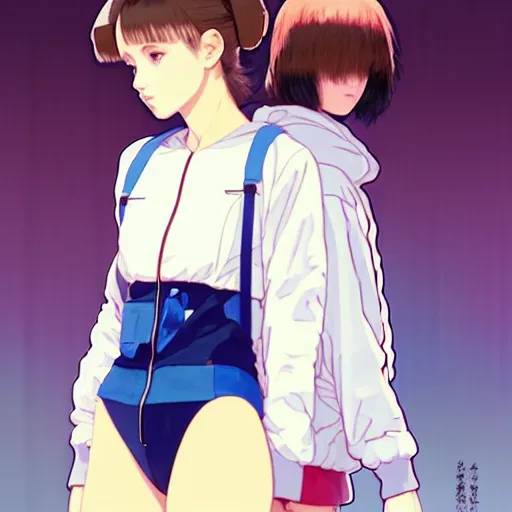 Image similar to a beautiful! boyish! natalie portman alluring gravure! model, wearing oversized mayan bomber jacket and leotard with overalls, bulky poofy bomber jacket with mayan patterns, gapmoe yandere grimdark, trending on pixiv fanbox, painted by greg rutkowski makoto shinkai takashi takeuchi studio ghibli, akihiko yoshida