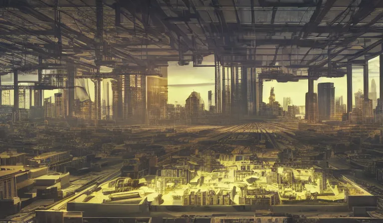 Prompt: large group people in open warehouse, looking at hologram of futuristic city on a table, cinematic concept art, godrays, golden hour, natural sunlight, 4 k, clear details, tabletop model buildings, center model buildings, hologram center, crane shot, crane shot, crane shot