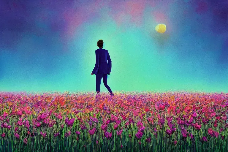 Image similar to closeup, giant gladiola flower head, girl in suit walking in field of flowers, surreal photography, sunrise, blue sky, dramatic light, impressionist painting, digital painting, artstation, simon stalenhag