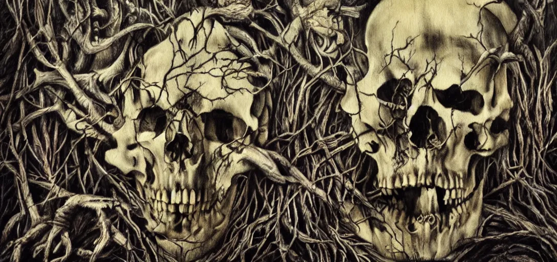 Prompt: A horror painting of a dark fantasy forest, skulls, bones, pain, agony, sorrow