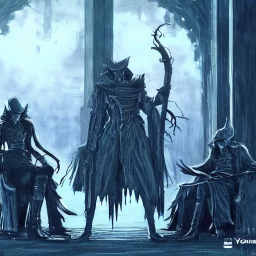 Image similar to a group of hunter from bloodborne sitting next to each other in a room, retrofuturism, concept art by yoshiyuki tomino, behance contest winner, toonami, redshift, official art