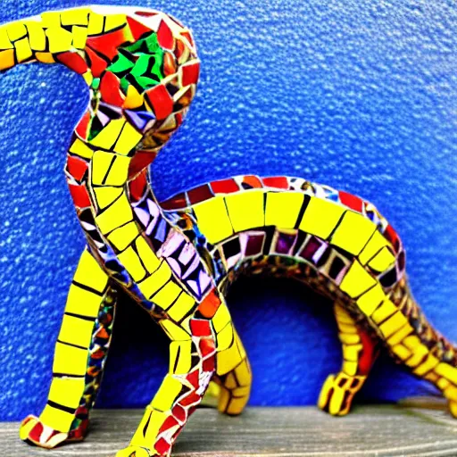 Prompt: mosaic sculpture of a alebrije chimera!!!, irregularly shaped mosaic tiles, hand glazed pottery shards, in the style of folk art, in a cottagecore flower garden