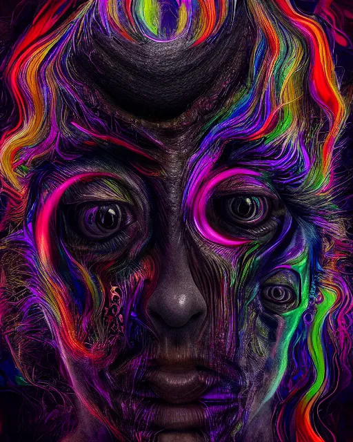 Image similar to realistic portrait of a creature experiment gone wrong, psychedelic, dark art, facing camera, photo realistic, detailed, 1 4 5 0, delicate, hyper realism, ultra realistic, 8 k