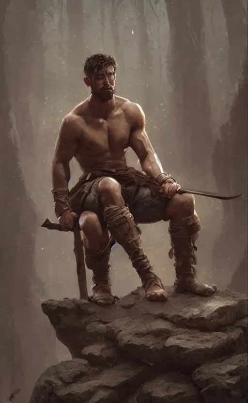 Image similar to Portrait of a rugged ranger sitting down, male, muscular, straight nose!!!, detailed face, handsome face, bare thighs!!!, simple clothing!!!!!, fantasy, medieval, highly detailed, cinematic lighting, digital art painting by greg rutkowski