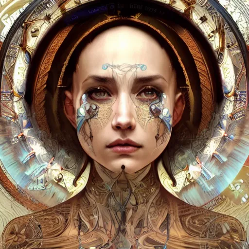 Image similar to Virgin Mary, facial tattoos, artists portrait, biomechanical, heaven, fantasy, highly detailed, digital painting, concept art, sharp focus, depth of field blur, illustration, art by artgerm and greg rutkowski and alphonse mucha