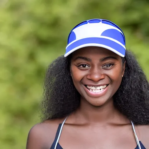 Prompt: portrait of 2 0 - year - old girl with dark skin and dark frizzy hair, wearing a tennis visor, smiling at camera, realistic photo, bright background