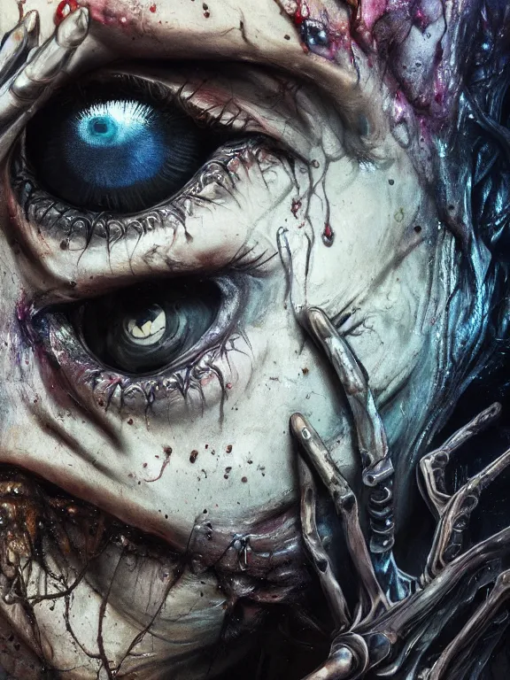 Prompt: photo of 8k ultra realistic eldritch horror, two eyes,decaying, cybernetic, full of colour, cinematic lighting, battered, trending on artstation, 4k, hyperrealistic, focused, extreme details,unreal engine 5, cinematic, masterpiece, art by ayami kojima, giger