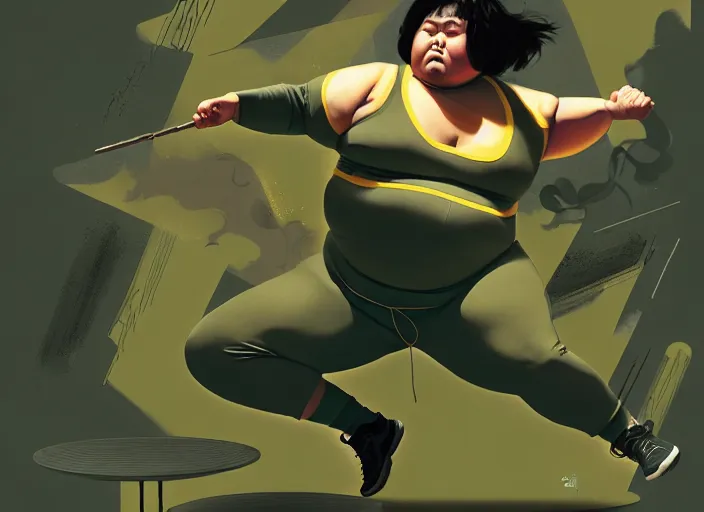 Image similar to duotone olive green gray illustration 3 / 4 portrait of fat woman fighting bruce lee style. dynamic chaotic composition random golden renaissance proportion. author sachin teng and sergei wheelsov and ruan jia and heng z. graffiti art, scifi, sci - fi, hyper detail. octane rendering. concept art. trend on artstation