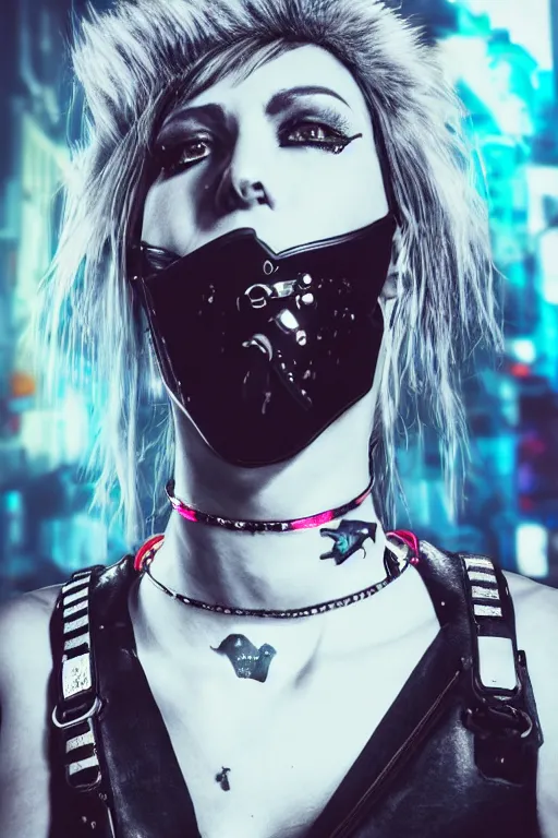 Image similar to detailed realistic female rock star cyberpunk wearing technological collar around neck, realistic, art, beautiful, 4K, collar, choker, collar around neck, punk, artstation, detailed, female, woman, choker, cyberpunk, neon, punk, collar, choker, collar around neck, thick collar, tight around neck, punk,