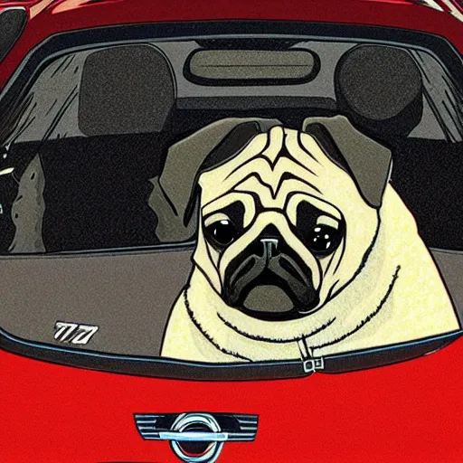 Prompt: pug dog driving a Nissan 300zx, Hayao Miyazaki, intricate detail, illustration, beautiful lighting,