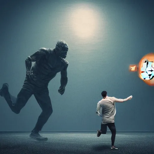 Image similar to man running away from a giant with bitcoin head, sci-fi, cinematic, cryptocurrency, hyperdetailed, 4k