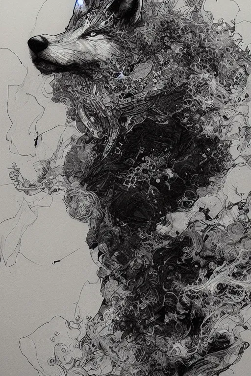 Image similar to portrait of a void fox in black suit surrounded by smoke fumes,, pen and ink, intricate line drawings, by craig mullins, ruan jia, kentaro miura, greg rutkowski