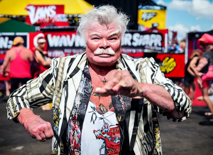 Image similar to photo still of rip taylor at vans warped tour!!!!!!!! at age 6 3 years old 6 3 years of age!!!!!!! throwing bees at a crowd, 8 k, 8 5 mm f 1. 8, studio lighting, rim light, right side key light