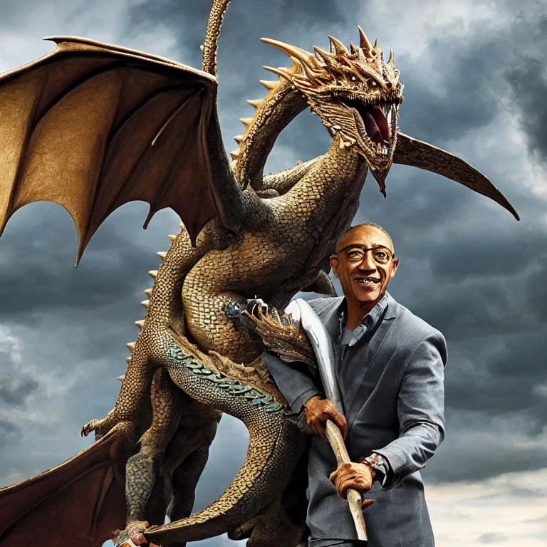 Prompt: giancarlo esposito riding a dragon