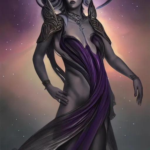 Prompt: the goddess Nyx cloaked in the night sky, highly detailed painting, trending on artstation