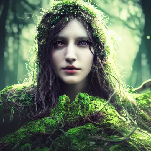 Prompt: portrait of forest witch, beautiful, attractive, glowing, jaw dropping, magical, dynamic lighting, dark, 4 k, octane render, age 2 0, background enchanted woods, intricate and ornate, highly detailed, sharp focus