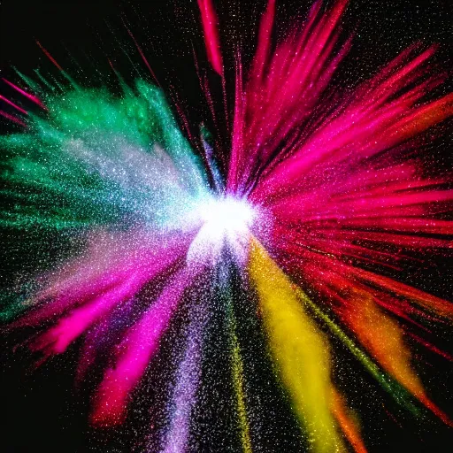 Image similar to A centered explosion of colorful powder on a black background