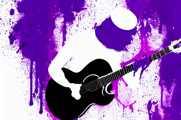 Prompt: dripping purple faded paint across the shape of a male human playing guitar, realistic, high detail, on a white background