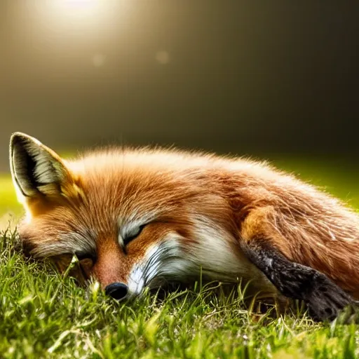 Prompt: fox sleeping in english countryside, golden hour, misty, tree in background, grass, birds, high detail, hyperrealistic rendering 8k