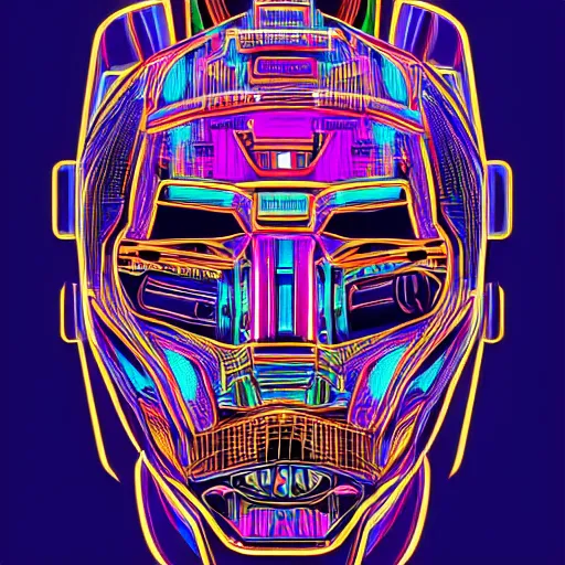 Image similar to hyperdetailed portrait of a cyberpunk aztec futurism robot head, 8 k, symetrical, flourescent colors, halluzinogenic, multicolored vector art, black background