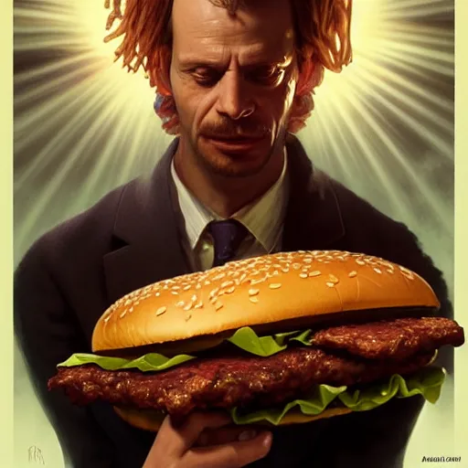 Prompt: portrait of klaus kinski eating hamburgers, extra onions and ketchup, luscious patty with sesame seeds, ethereal, holy sacred light rays, handsome, d & d, fantasy, intricate, elegant, highly detailed, digital painting, artstation, concept art, matte, sharp focus, illustration, art by artgerm and greg rutkowski and alphonse mucha