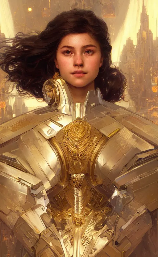 Prompt: portrait of a young girl goddess, technological armor, science fiction, confident, intricate, headshot, highly detailed, digital painting, artstation, concept art, sharp focus, cinematic lighting, illustration, art by artgerm and greg rutkowski, alphonse mucha, cgsociety