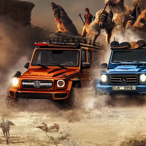 Prompt: g wagon, tribe members attacking, epic action scene, cinematic, digital art, 4k, hd, fantasy, art station