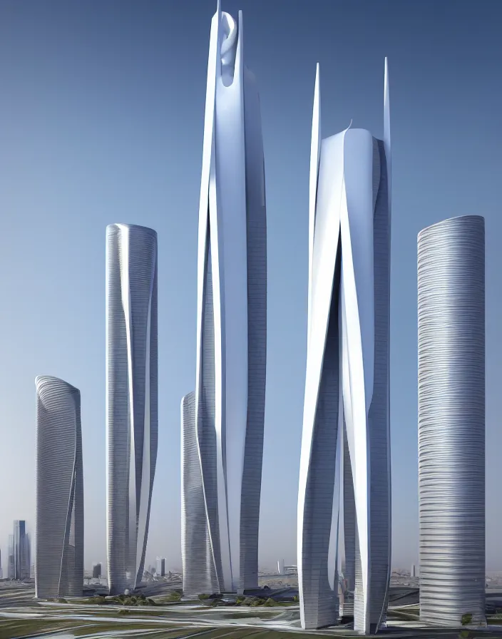 Image similar to al hamra tower, futuristic, evolution tower, santiago calatrava, futuristic tower architecture, 8 k render, beige in the middle of a spacious futuristic city